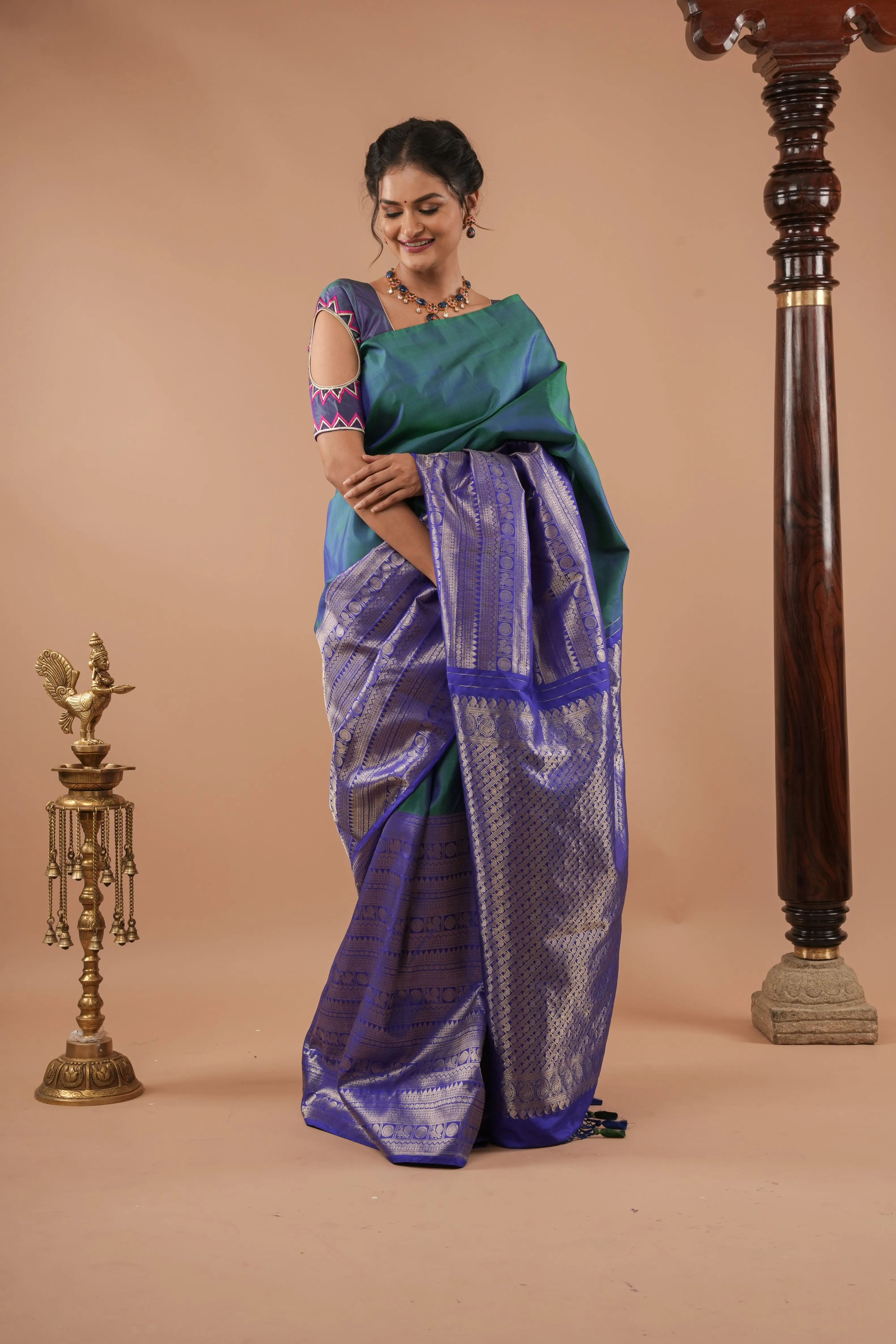 Peacock Blue Pure Silk Blouse With Mandala Cutout And Sunburst Embroidery