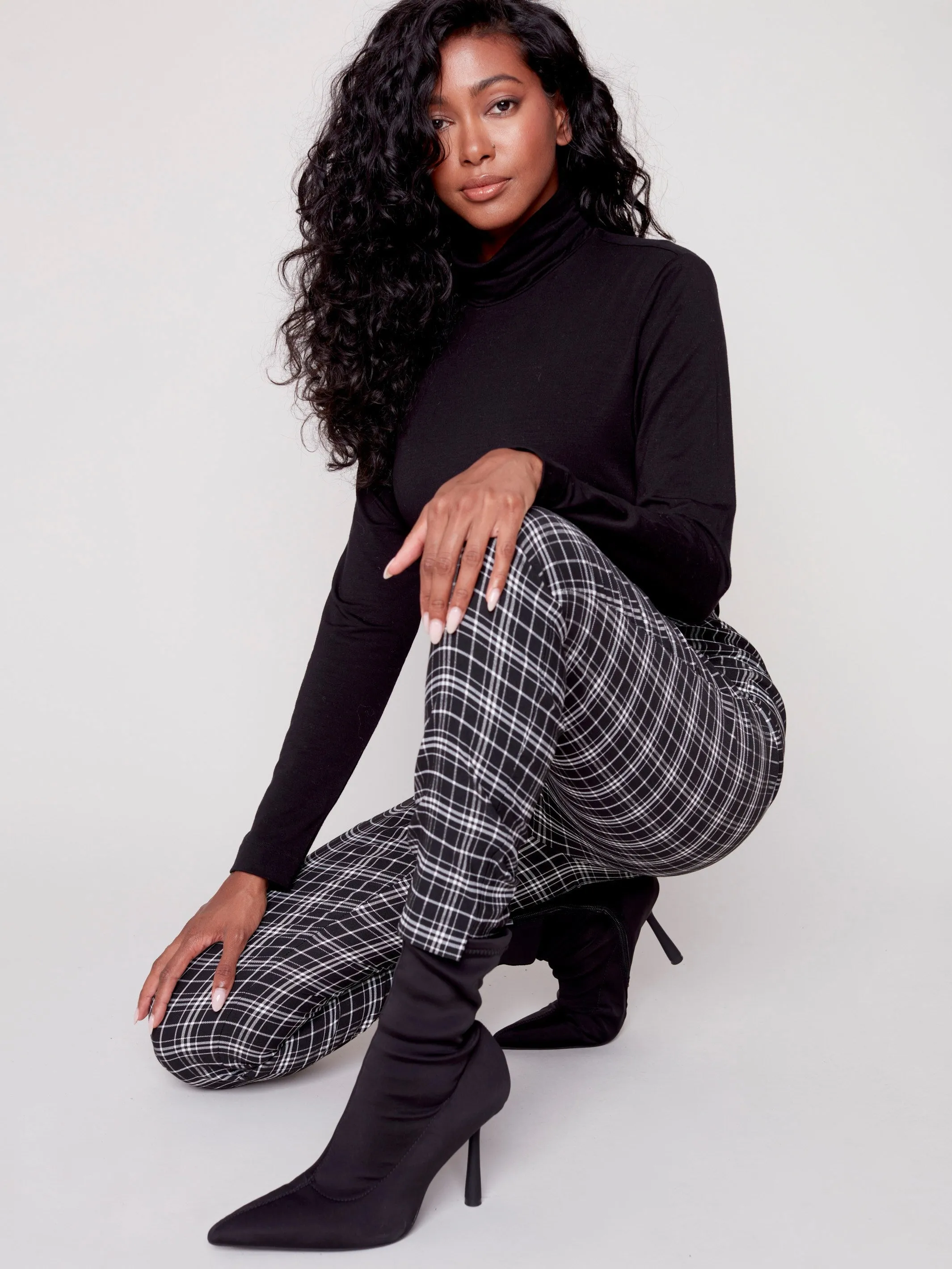Plaid Pull-On Pants - Black & White