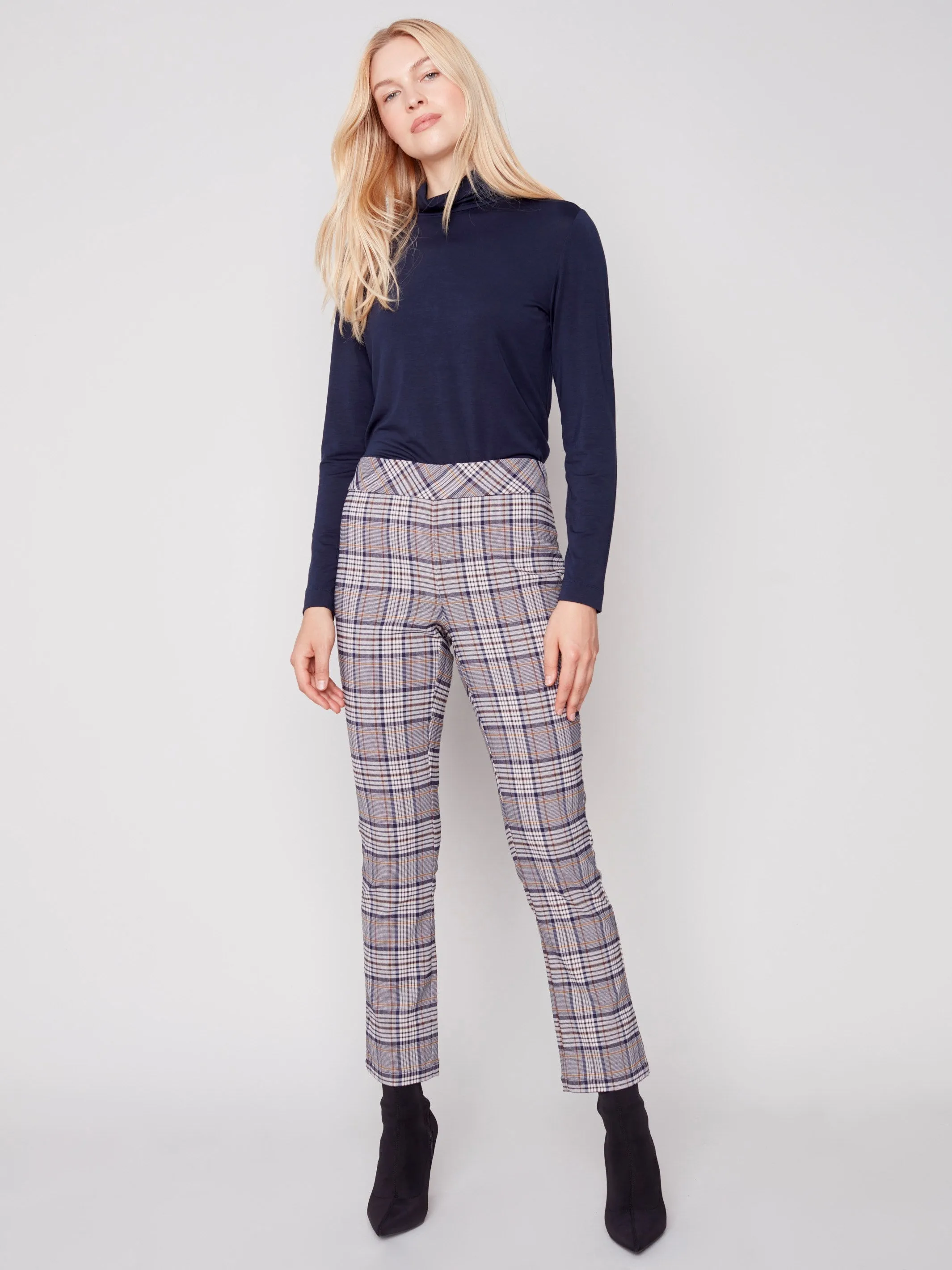 Plaid Pull-on Pants - Navy