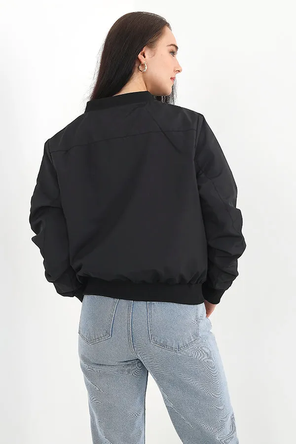PLAIN BLACK ZIP THROUGH BOMBER JACKET