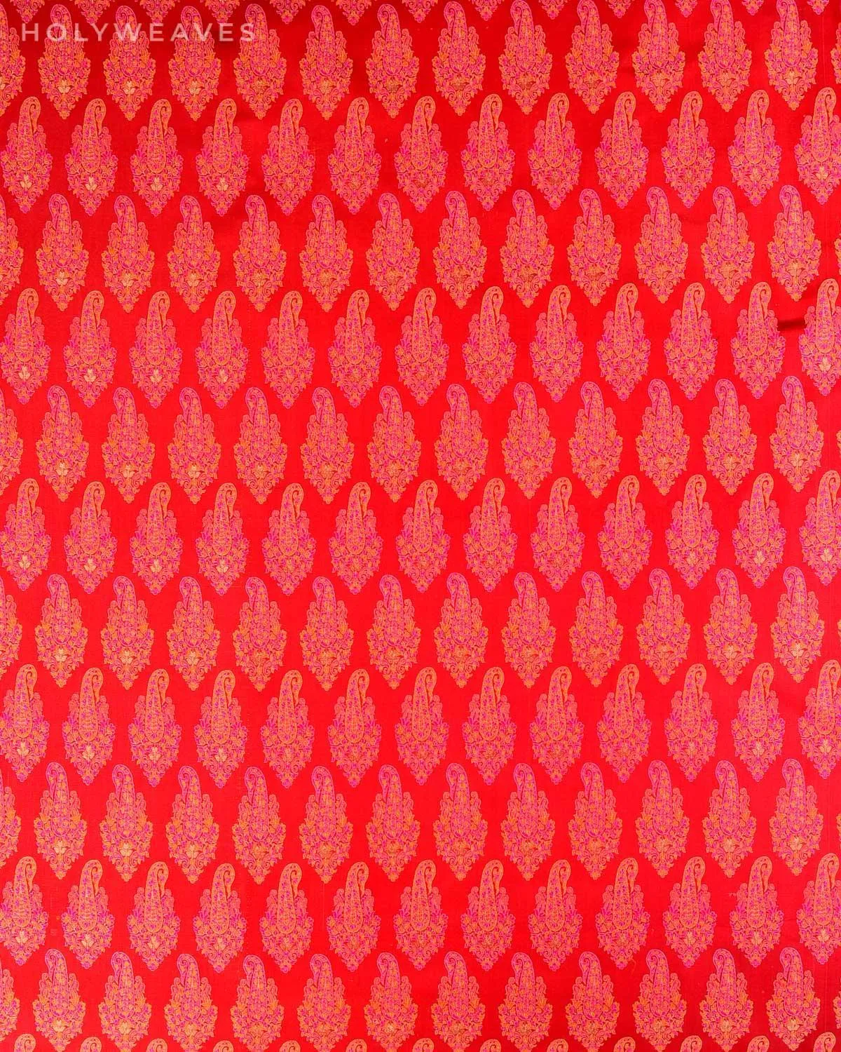 Red Banarasi Tehra Jamawar Brocade Handwoven Katan Silk Fabric with Zari Accents