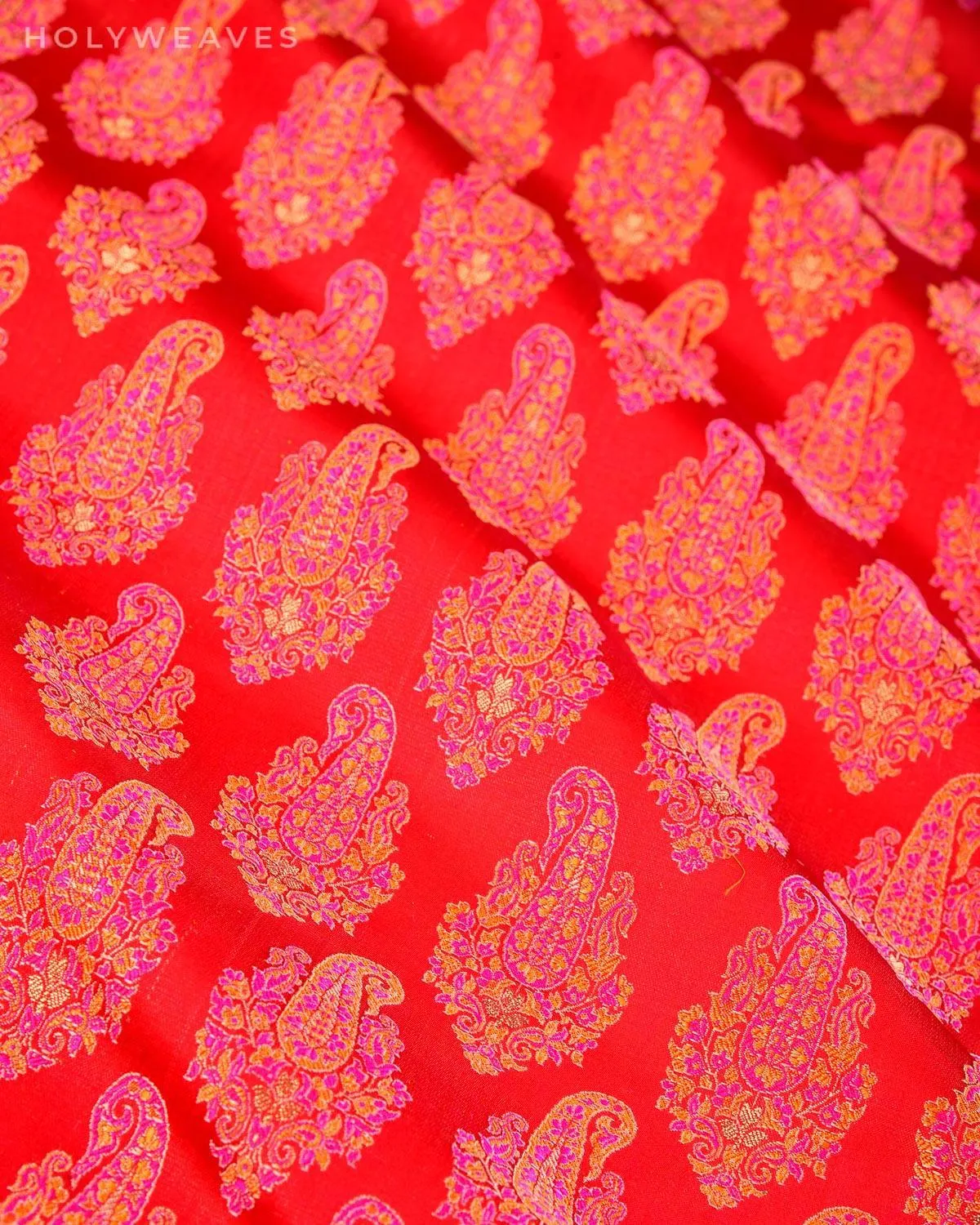 Red Banarasi Tehra Jamawar Brocade Handwoven Katan Silk Fabric with Zari Accents