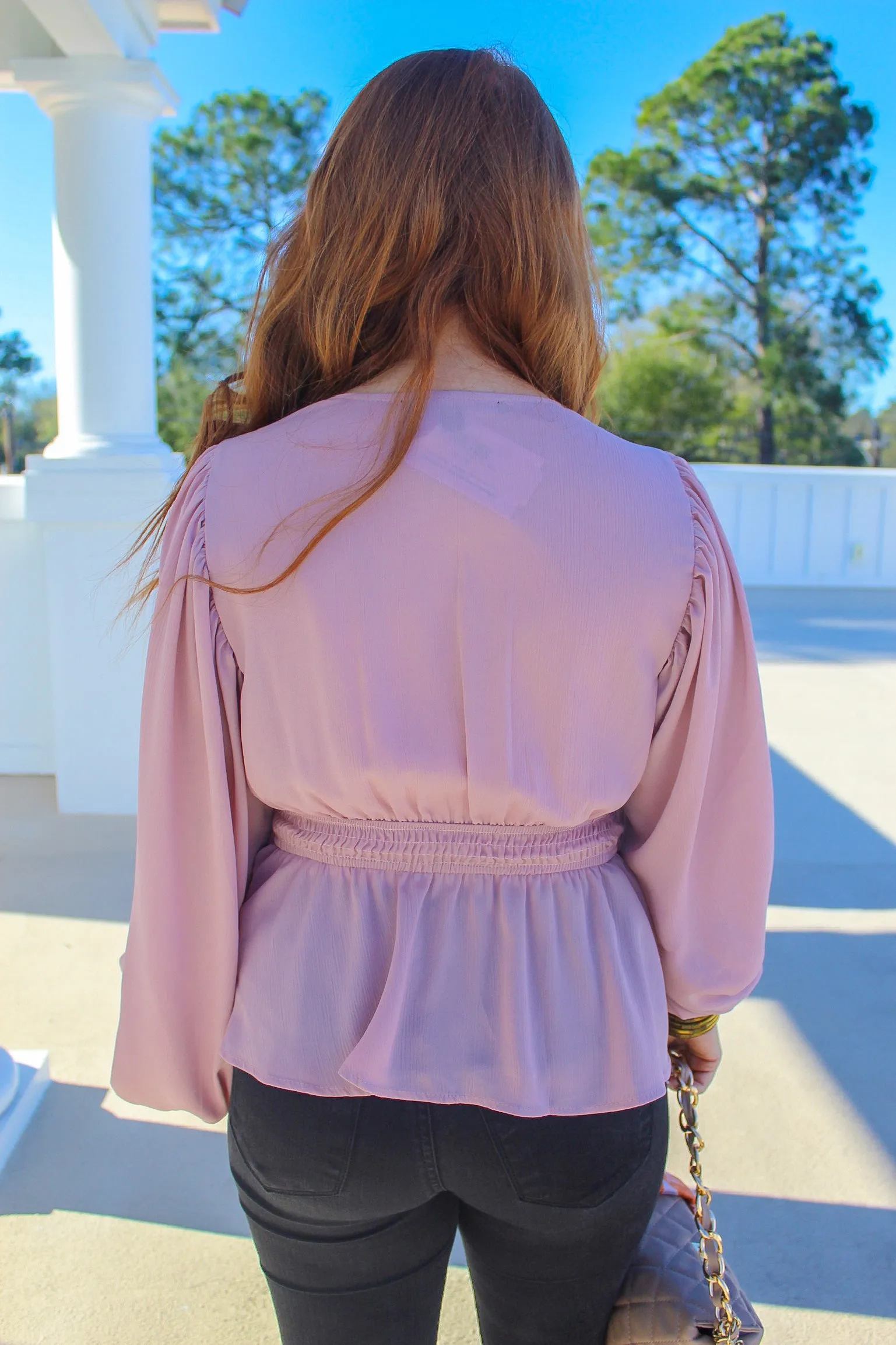 Rose V Neck Peplum Blouse- Mauve