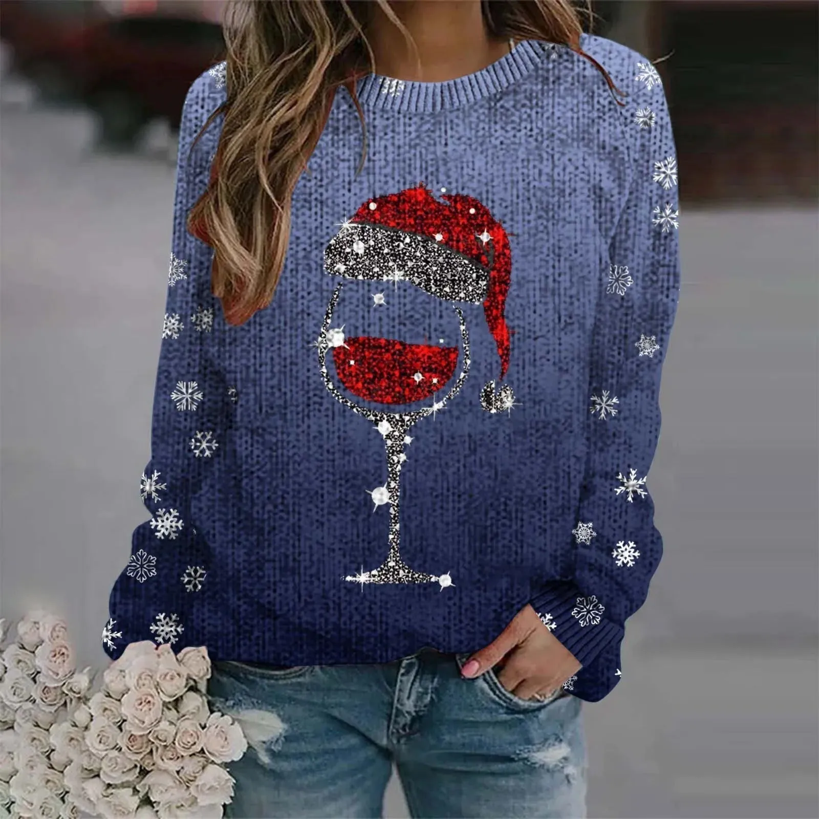 Sabina - Warm sweater with Christmas wine glass and printed Santa hat for women