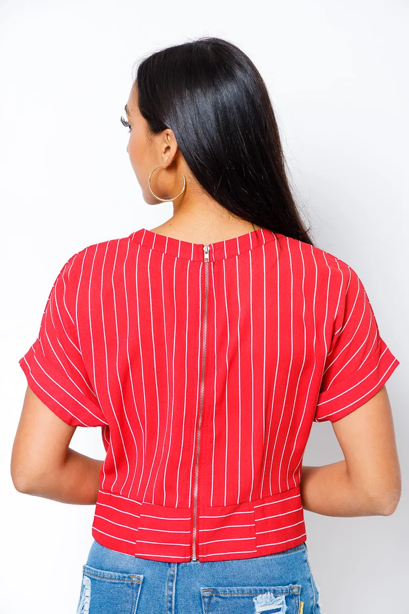 'The Office' Pin Striped Keyhole Crew Neck Short Cuff Sleeve Top with Button Accents(30061T)