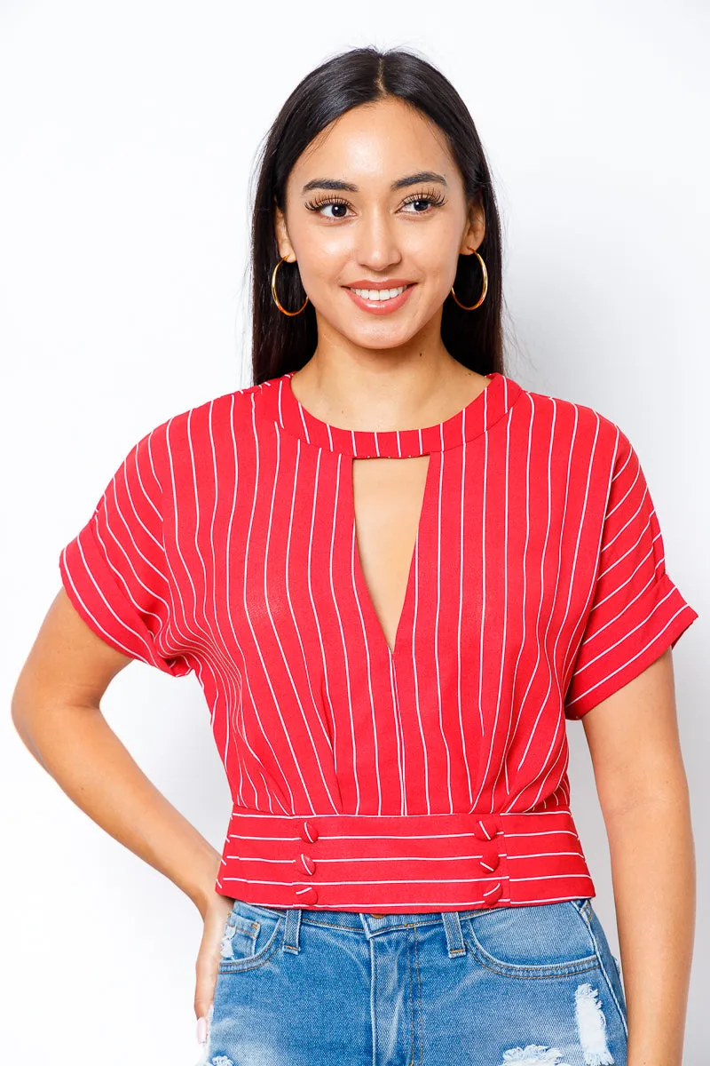 'The Office' Pin Striped Keyhole Crew Neck Short Cuff Sleeve Top with Button Accents(30061T)