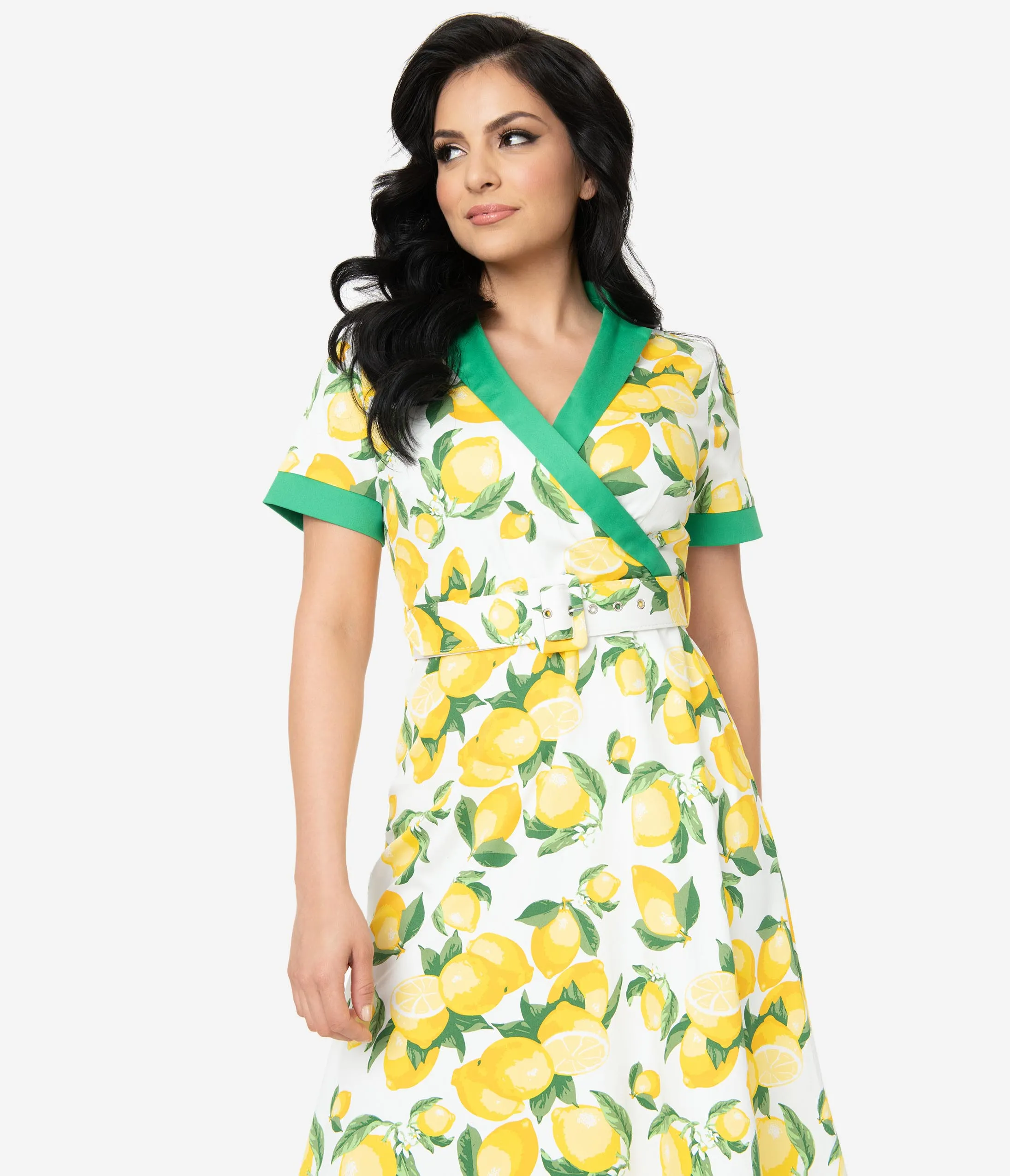 White & Yellow Lemon Print Swing Dress