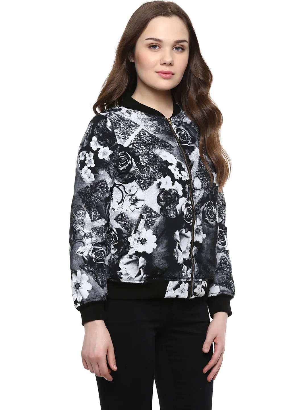 Women's  Black Floral Print Bomber Jacket - StyleStone