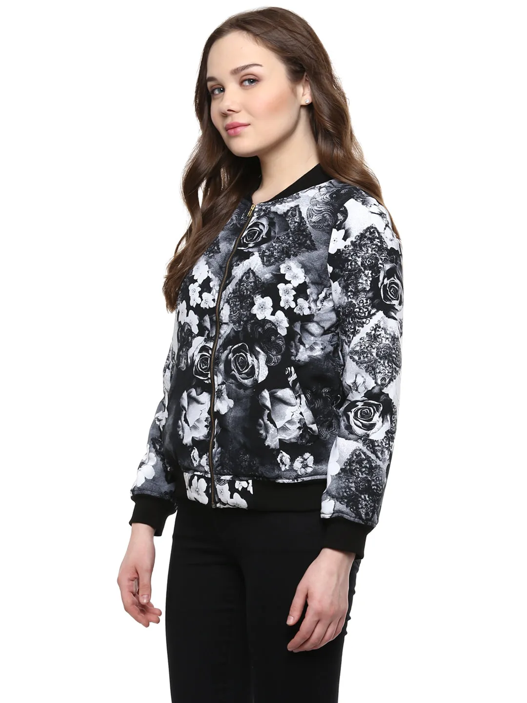 Women's  Black Floral Print Bomber Jacket - StyleStone