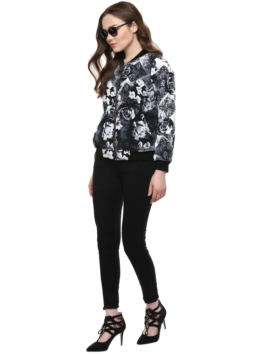 Women's  Black Floral Print Bomber Jacket - StyleStone