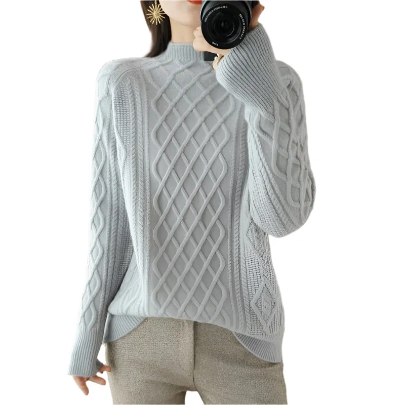 Women's Loose Fit Turtleneck Twisted Wool Sweater