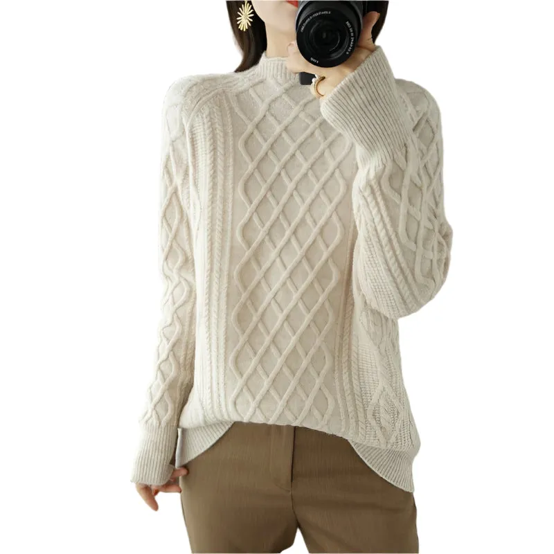 Women's Loose Fit Turtleneck Twisted Wool Sweater