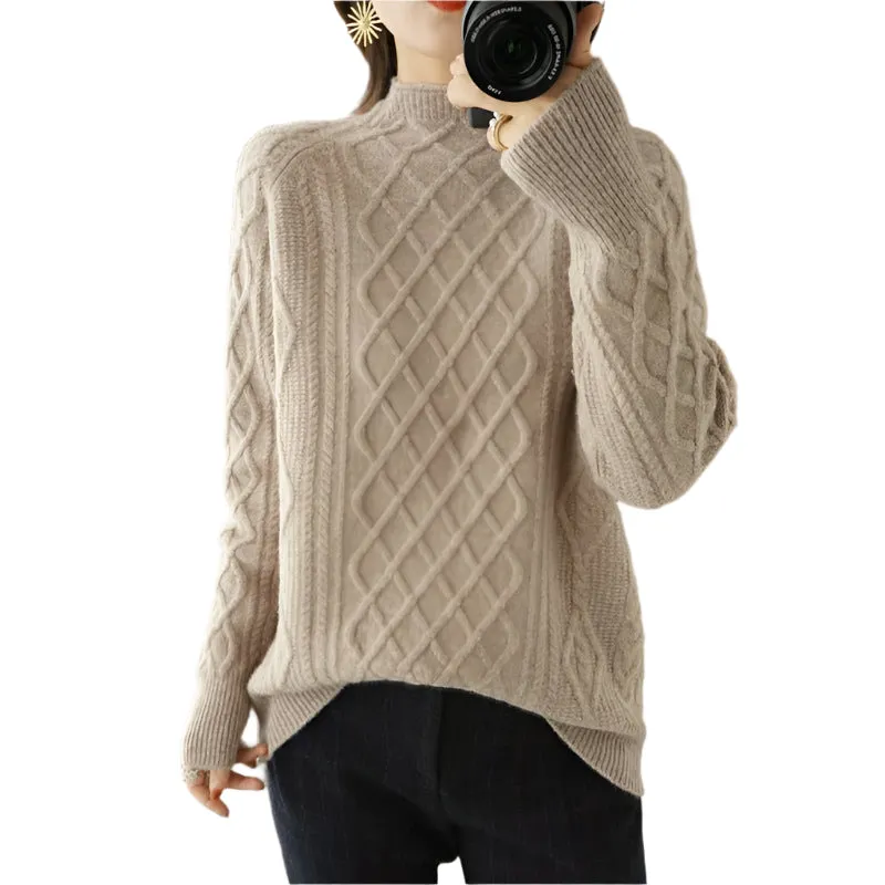 Women's Loose Fit Turtleneck Twisted Wool Sweater