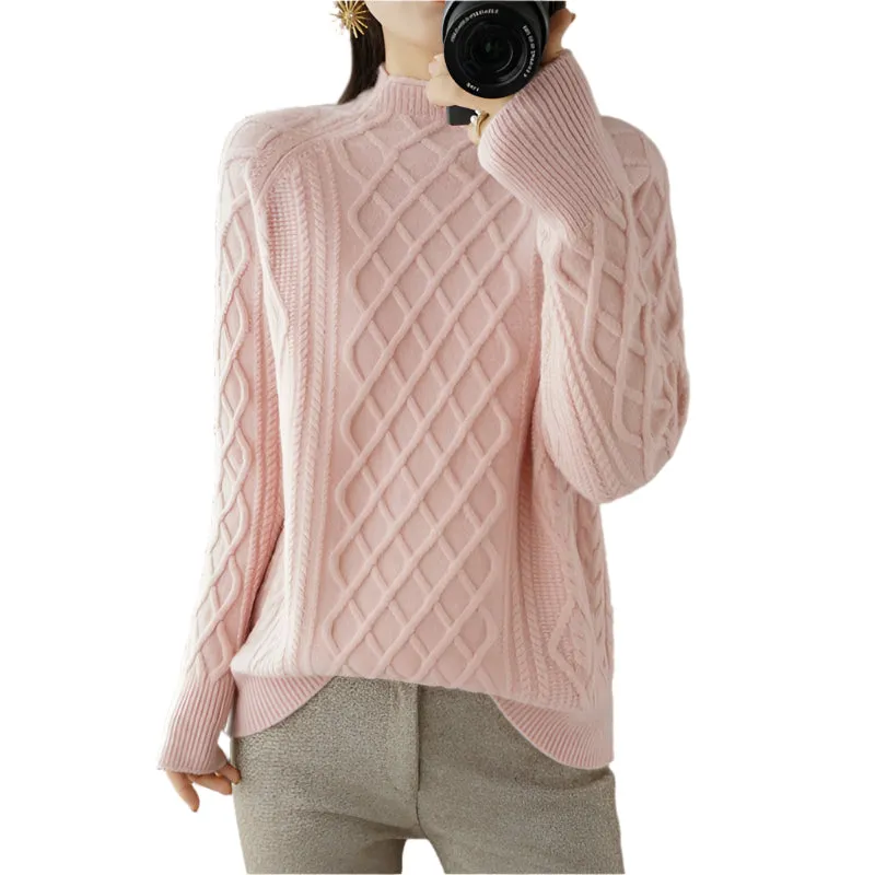 Women's Loose Fit Turtleneck Twisted Wool Sweater