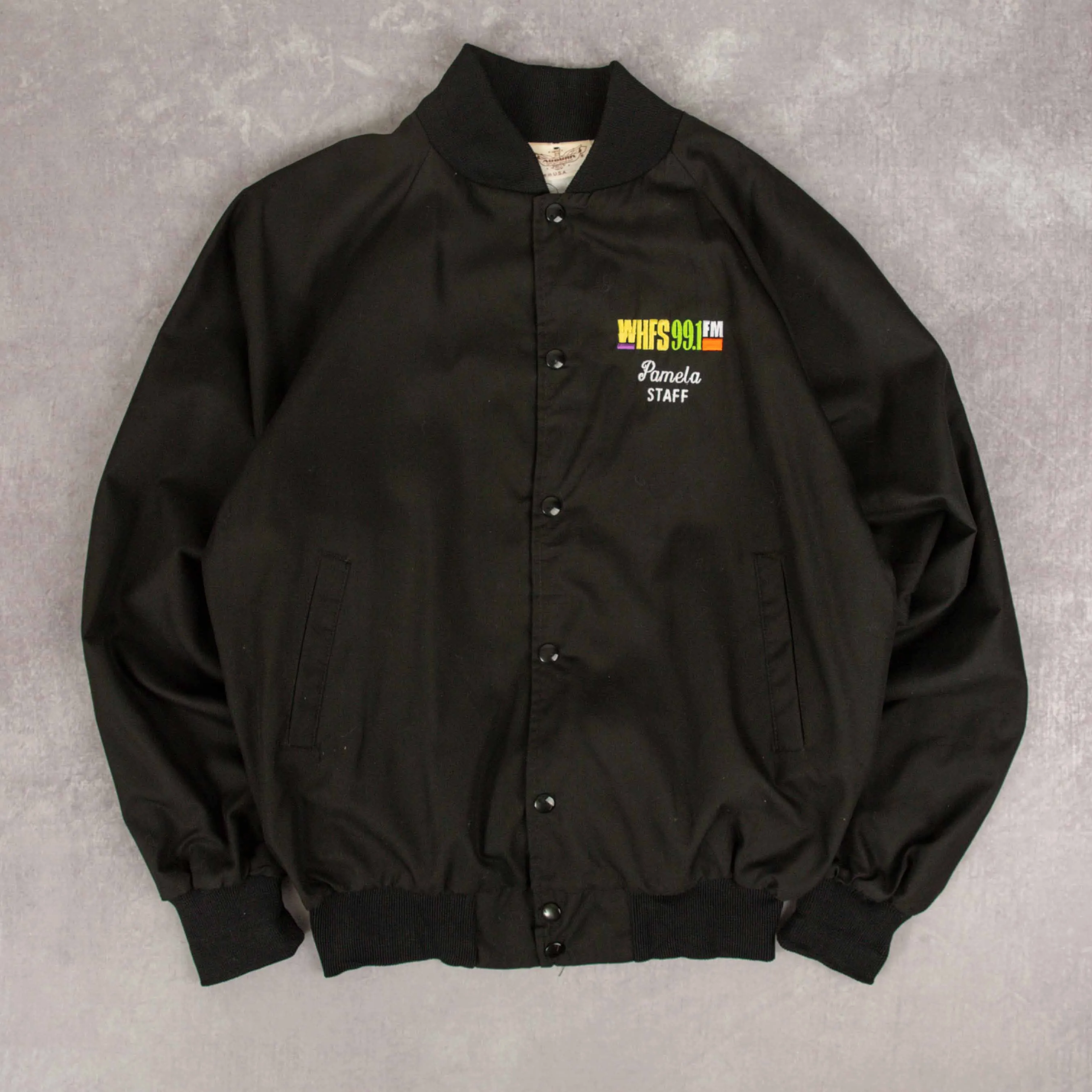 WOMEN'S VINTAGE 1990S WHFS 99.1FM RADIO VARSITY BOMBER JACKET - MEDIUM