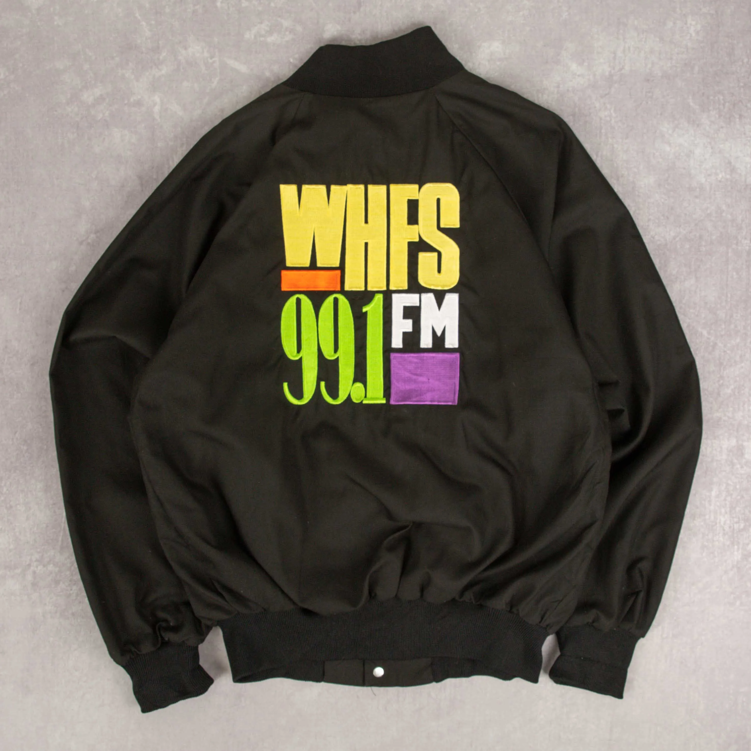 WOMEN'S VINTAGE 1990S WHFS 99.1FM RADIO VARSITY BOMBER JACKET - MEDIUM