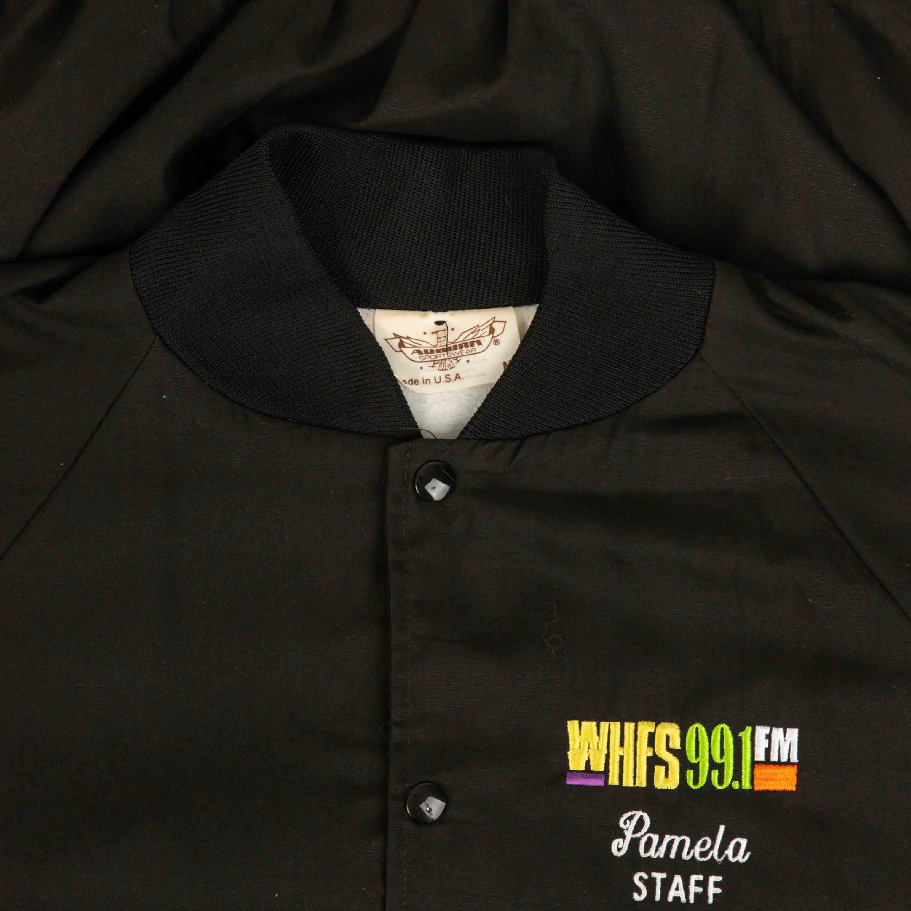 WOMEN'S VINTAGE 1990S WHFS 99.1FM RADIO VARSITY BOMBER JACKET - MEDIUM