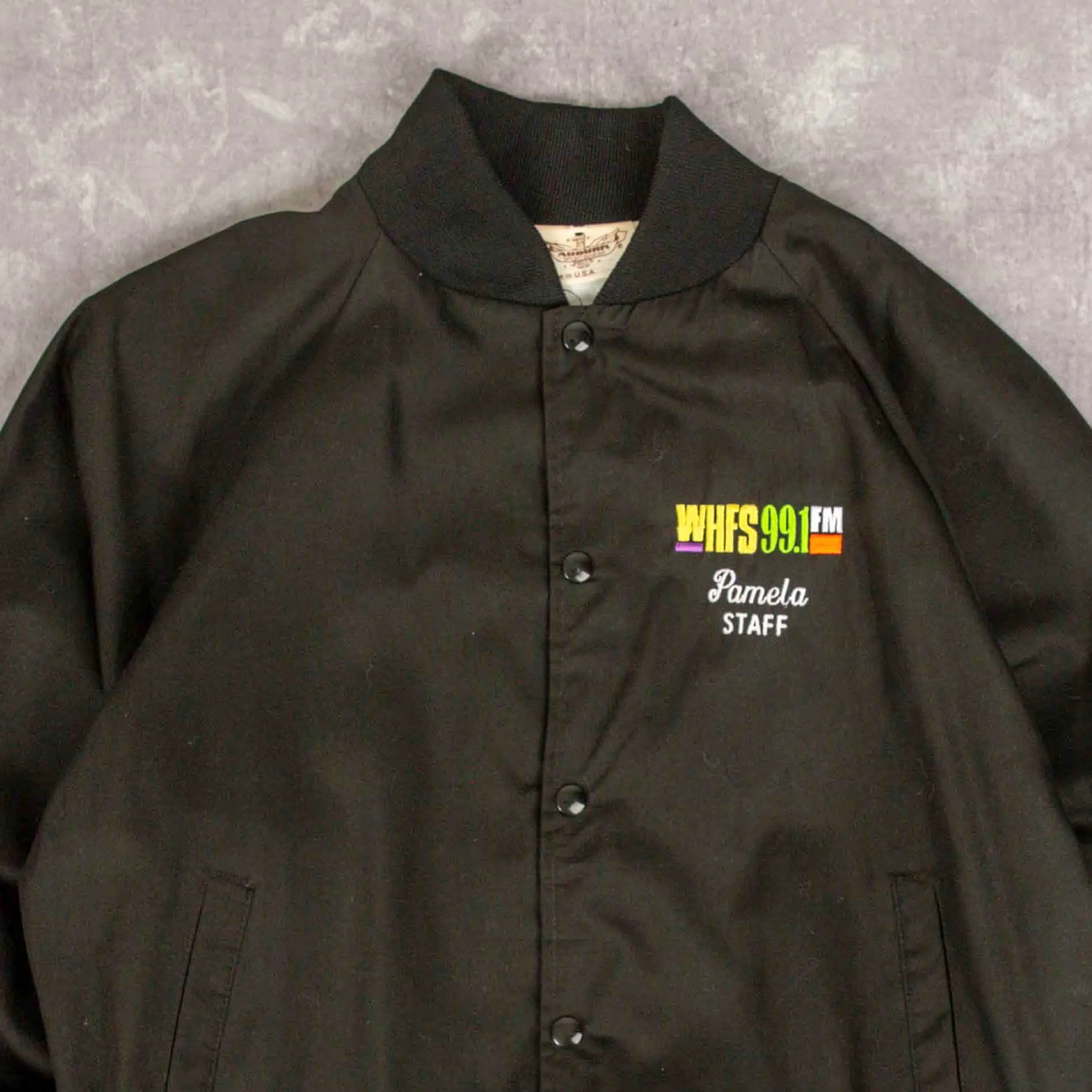 WOMEN'S VINTAGE 1990S WHFS 99.1FM RADIO VARSITY BOMBER JACKET - MEDIUM